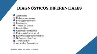 DIAGNÓSTICOS DIFERENCIALES
Apendicitis
Embarazo ectópico
Patologías de ovario
Lumbalgias
Torsión de quistes
Litiasis biliar
Obstrucción intestinal
Enfermedades intestinal
Enfermedades ulceropépticas
Nefropatías diabética
Traumatismos
Anomalías Anatómicas
Semiología Médica, 3era Edición - H. Argente
 