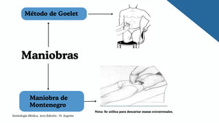 Método de Goelet
Maniobra de
Montenegro
Nota: Se utiliza para descartar masas extrarrenales.
Maniobras
Semiología Médica, 3era Edición - H. Argente
 