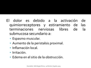 El dolor es debido a la activación de
quimiorreceptores y estiramiento de las
terminaciones nerviosas libres de la
submucosa secundario a:
 Espasmo muscular.
 Aumento de la peristalsis proximal.
 Inflamación local.
 Irritación.
 Edema en el sitio de la obstrucción.
Avendaño. NefrologíaClínica. 2a Edición, España 2003
 