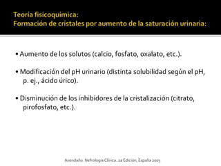 • Aumento de los solutos (calcio, fosfato, oxalato, etc.).
• Modificación del pH urinario (distinta solubilidad según el pH,
p. ej., ácido úrico).
• Disminución de los inhibidores de la cristalización (citrato,
pirofosfato, etc.).
Avendaño. Nefrología Clínica. 2a Edición, España 2003
 