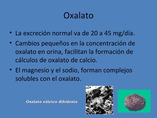 Oxalato
• La excreción normal va de 20 a 45 mg/día.
• Cambios pequeños en la concentración de
  oxalato en orina, facilitan la formación de
  cálculos de oxalato de calcio.
• El magnesio y el sodio, forman complejos
  solubles con el oxalato.


     Oxalato cálcico dihidrato
 