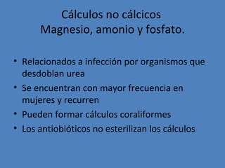 Cálculos no cálcicos
      Magnesio, amonio y fosfato.

• Relacionados a infección por organismos que
  desdoblan urea
• Se encuentran con mayor frecuencia en
  mujeres y recurren
• Pueden formar cálculos coraliformes
• Los antiobióticos no esterilizan los cálculos
 