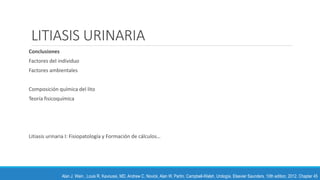 LITIASIS URINARIA
Conclusiones
Factores del individuo
Factores ambientales
Composición química del lito
Teoría fisicoquímica
Litiasis urinaria I: Fisiopatología y Formación de cálculos…
Alan J. Wein , Louis R. Kavoussi, MD, Andrew C. Novick, Alan W. Partin. Campbell-Walsh, Urología. Elsevier Saunders. 10th edition, 2012. Chapter 45
 