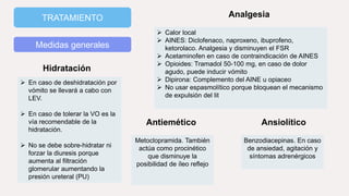 TRATAMIENTO
Medidas generales
Hidratación
Analgesia
 En caso de deshidratación por
vómito se llevará a cabo con
LEV.
 En caso de tolerar la VO es la
vía recomendable de la
hidratación.
 No se debe sobre-hidratar ni
forzar la diuresis porque
aumenta al filtración
glomerular aumentando la
presión ureteral (PU)
 Calor local
 AINES: Diclofenaco, naproxeno, ibuprofeno,
ketorolaco. Analgesia y disminuyen el FSR
 Acetaminofen en caso de contraindicación de AINES
 Opioides: Tramadol 50-100 mg, en caso de dolor
agudo, puede inducir vómito
 Dipirona: Complemento del AINE u opiaceo
 No usar espasmolítico porque bloquean el mecanismo
de expulsión del lit
Antiemético Ansiolítico
Metoclopramida. También
actúa como procinético
que disminuye la
posibilidad de íleo reflejo
Benzodiacepinas. En caso
de ansiedad, agitación y
síntomas adrenérgicos
 