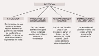 PATOGENIA
INHIBIDORES DE
CRISTALIZACIÓN
DISMINUCIÓN DEL
VOLUMEN URIN.
ALTERACIÓN DE pH
URINARIO
SATURACIÓN
Concentración de una
sustancia aumenta
llega un momento en
que la orina es incapaz
de mantenerla en
solución, por lo que se
inicia una nucleación
espontánea del cristal
Se unen con los
distintos iones para
formar complejos
solubles que inhiben o
retardan la
cristalización
Los cálculos de ácido
úrico se ven
favorecidos por un pH
ácido, y los de
estruvita por un pH
alcalino. Los de
oxalato cálcico no
están influenciados
La reducción del
volumen de orina y la
estasis urinaria
favorecen la
cristalización
 