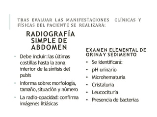 TRAS EVALUAR LAS MANIFESTACIONES CLÍNICAS Y
FÍSICAS DEL PACIENTE SE REALIZARÁ:
RADIOGRAFÍA
SIMPLE DE
ABDOMEN
• Debe incluir:las últimas
costillas hasta la zona
inferior de la sínfisis del
pubis
• Informa sobre:morfología,
tamaño,situación y número
• La radio-opacidad:confirma
imágenes litiásicas
EXAMEN ELEMENTAL DE
ORINA Y SEDIMENTO
• Se identificará:
• pH urinario
• Microhematuria
• Cristaluria
• Leucocituria
• Presencia de bacterias
 