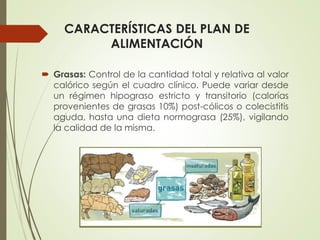 CARACTERÍSTICAS DEL PLAN DE 
ALIMENTACIÓN 
 Grasas: Control de la cantidad total y relativa al valor 
calórico según el cuadro clínico. Puede variar desde 
un régimen hipograso estricto y transitorio (calorías 
provenientes de grasas 10%) post-cólicos o colecistitis 
aguda, hasta una dieta normograsa (25%), vigilando 
la calidad de la misma. 
 
