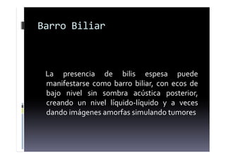 Barro Biliar
La presencia de bilis espesa puede
manifestarse como barro biliar, con ecos de
bajo nivel sin sombra acústica posterior,
creando un nivel líquido-líquido y a veces
dando imágenes amorfas simulando tumores
 