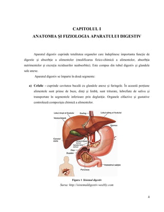 4
CAPITOLUL I
ANATOMIA ŞI FIZIOLOGIA APARATULUI DIGESTIV
Aparatul digestiv cuprinde totalitatea organelor care îndeplinesc importanta funcţie de
digestie şi absorbţie a alimentelor (modificarea fizico-chimică a alimentelor, absorbţia
nutrimentelor şi excreţia reziduurilor neabsorbite). Este compus din tubul digestiv şi glandele
sale anexe.
Aparatul digestiv se împarte în două segmente:
a) Cefalic – cuprinde cavitatea bucală cu glandele anexe şi faringele. În această porţiune
alimentele sunt prinse de buze, dinţi şi limbă, sunt triturate, lubrefiate de saliva şi
transportate în segmentele inferioare prin deglutiţie. Organele olfactive şi gustative
controlează compozişia chimică a alimentelor.
Figura 1 Sistemul digestiv
Sursa: http://sistemuldigestiv.weebly.com
 