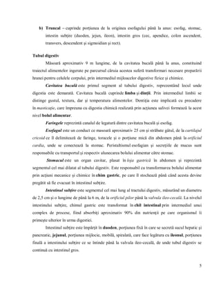5
b) Truncal – cuprinde porţiunea de la originea esofagului până la anus: esofag, stomac,
intestin subţire (duoden, jejun, ileon), intestin gros (cec, apendice, colon ascendent,
transvers, descendent şi sigmoidian şi rect).
Tubul digestiv
Măsoară aproximativ 9 m lungime, de la cavitatea bucală până la anus, constituind
traiectul alimentelor ingerate pe parcursul căruia acestea suferă transformari necesare preparării
hranei pentru celulele corpului, prin intermediul mijloacelor digestive fizice şi chimice.
Cavitatea bucală este primul segment al tubului digestiv, reprezentând locul unde
digestia este demarată. Cavitatea bucală cuprinde limba şi dinţii. Prin intermediul limbii se
distinge gustul, textura, dar şi temperatura alimentelor. Dentiţia este implicată cu precadere
în masticaţie, care împreuna cu digestia chimică realizată prin acţiunea salivei formează la acest
nivel bolul alimentar.
Faringele reprezintă canalul de legatură dintre cavitatea bucală şi esofag.
Esofagul este un conduct ce masoară aproximativ 25 cm şi străbate gâtul, de la cartilajul
cricoid ce îl delimitează de faringe, toracele şi o porţiune mică din abdomen până la orificiul
cardia, unde se conectează la stomac. Peristaltismul esofagian şi secreţiile de mucus sunt
responsabile cu transportul şi respectiv alunecarea bolului alimentar către stomac.
Stomacul este un organ cavitar, plasat în loja gastrică în abdomen şi reprezintă
segmentul cel mai dilatat al tubului digestiv. Este responsabil cu transformarea bolului alimentar
prin acţiuni mecanice şi chimice în chim gastric, pe care îl stochează până când acesta devine
pregătit să fie evacuat în intestinul subţire.
Intestinul subţire este segmentul cel mai lung al tractului digestiv, măsurând un diametru
de 2,5 cm şi o lungime de până la 6 m, de la orificiul pilor până la valvula ileo-cecală. La nivelul
intestinului subţire, chimul gastric este transformat în chil intestinal prin intermediul unui
complex de procese, fiind absorbiţi aproximativ 90% din nutrienţii pe care organismul îi
primeşte ulterior în urma digestiei.
Intestinul subţire este împărţit în duoden, porţiunea fixă în care se secretă sucul hepatic şi
pancreatic, jejunul, porţiunea mijlocie, mobilă, spiralată, care face legătura cu ileonul, porţiunea
finală a intestinului subţire ce se întinde până la valvula ileo-cecală, de unde tubul digestiv se
continuă cu intestinul gros.
 