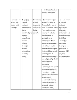 60
- face bilanțul lichidelor
ingerate și eliminate.
4. Nevoia de a
respira și a
avea o bună
circulație
Respirație și
circulație
inadecvată
determinată de
durere
manifestată prin
cresterea
numărului de
respirații,
cresterea
frecvenței
pulsului,
hipertensiune
arterială și
dispnee.
Pacientul să
prezinte
respirație și
circulație în
limite
normale.
- În urma intrevenţiei
chirurgicale, după ce
bolnavul a fost adus în
salon se va urmări pulsul,
TA, ritmul respirator,
care trebuie sa fie în
limite normale. În
primele 3 ore se
urmăresc din 15 în 15
minute, în următoarele 3
ore la fiecare oră, iar
ulterior de două ori pe zi.
Orice modificare trebuie
sesizată pentru că
modificarea parametrilor
normali poate fi preludiul
unor complicații
importante.
- se încurajează pacientul
în legătură cu starea sa;
- se asigură o poziție
șezândă sau semișezândă
pentru dispnee;
- se aeriseşte salonul;
- se învață pacientul să
renunțe la obiceiuri
daunătoare: fumat,
- se administrează
la indicația
medicului
hipotensoare
(Digoxin),
anticoagulante și
bronhodilatatoare
(Miofilin);
- se însoțește
pacientul la
investigații
paraclinice: Rx
pulmonar, EKG,
ecografie;
- oxigenoterapie;
 