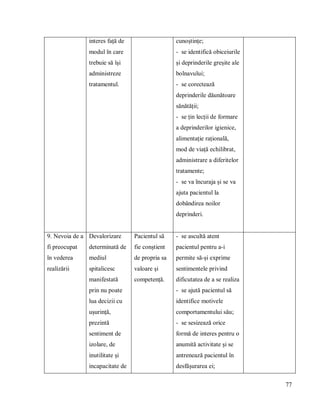 77
interes față de
modul în care
trebuie să își
administreze
tratamentul.
cunoștințe;
- se identifică obiceiurile
și deprinderile greșite ale
bolnavului;
- se corectează
deprinderile dăunătoare
sănătății;
- se țin lecții de formare
a deprinderilor igienice,
alimentație rațională,
mod de viață echilibrat,
administrare a diferitelor
tratamente;
- se va încuraja și se va
ajuta pacientul la
dobândirea noilor
deprinderi.
9. Nevoia de a
fi preocupat
în vederea
realizării
Devalorizare
determinată de
mediul
spitalicesc
manifestată
prin nu poate
lua decizii cu
ușurință,
prezintă
sentiment de
izolare, de
inutilitate și
incapacitate de
Pacientul să
fie conștient
de propria sa
valoare și
competență.
- se ascultă atent
pacientul pentru a-i
permite să-și exprime
sentimentele privind
dificutatea de a se realiza
- se ajută pacientul să
identifice motivele
comportamentului său;
- se sesizează orice
formă de interes pentru o
anumită activitate și se
antrenează pacientul în
desfășurarea ei;
 