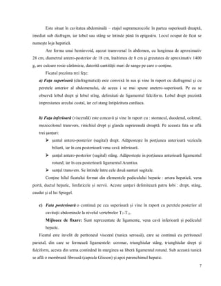 7
Este situat în cavitatea abdominală – etajul supramezocolic în partea superioară dreaptă,
imediat sub diafragm, iar lobul sau stâng se întinde până în epigastru. Locul ocupat de ficat se
numeşte loja hepatică.
Are forma unui hemiovoid, aşezat transversal în abdomen, cu lungimea de aproximativ
28 cm, diametrul antero-posterior de 18 cm, înaltimea de 8 cm şi greutatea de aproximativ 1400
g, are culoare rosie-cărămizie, datorită cantităţii mari de sange pe care o conţine.
Ficatul prezinta trei feţe:
a) Faţa superioară (diafragmatică) este convexă în sus şi vine în raport cu diafragmul şi cu
peretele anterior al abdomenului, de aceea i se mai spune anetero-superioară. Pe ea se
observă lobul drept şi lobul stîng, delimitati de ligamentul falciform. Lobul drept prezintă
impresiunea arcului costal, iar cel stang întipăritura cardiaca.
b) Faţa inferioară (viscerală) este concavă şi vine în raport cu : stomacul, duodenul, colonul,
mezocolonul transvers, rinichiul drept şi glanda suprarenală dreaptă. Pe aceasta fata se află
trei şanţuri:
 şantul antero-posterior (sagital) drept. Adăposteşte în porţiunea anterioară vezicula
biliară, iar în cea posterioară vena cavă inferioară.
 şanţul antero-posterior (sagital) stâng. Adăposteşte in porţiunea anterioară ligamentul
rotund, iar în cea posterioară ligamentul Arantius.
 sanţul transvers. Se întinde între cele două santuri sagitale.
Conţine hilul ficatului format din elementele pediculului hepatic : artera hepatică, vena
portă, ductul hepatic, limfaticele şi nervii. Aceste şanţuri delimitează patru lobi : drept, stâng,
caudat şi al lui Spiegel.
c) Fata posterioară o continuă pe cea superioară şi vine în raport cu peretele posterior al
cavitaţii abdominale la nivelul vertebrelor T7-T11.
Mijloace de fixare: Sunt reprezentate de ligamente, vena cavă inferioară şi pediculul
hepatic.
Ficatul este invelit de peritoneul visceral (tunica seroasă), care se continuă cu peritoneul
parietal, din care se formează ligamentele: coronar, triunghiular stâng, triunghiular drept şi
falciform, acesta din urma continând în marginea sa liberă ligamentul rotund. Sub această tunică
se află o membrană fibroasă (capsula Glisson) şi apoi parenchimul hepatic.
 