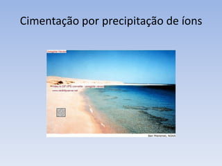 CimentaçãoFormação dos cimentosDissolução sob pressão: a dissolução sob pressão também é conhecida como compactação química,com o aumento da pressão, o contato dos sedimentos muda, passando a ser planares, concavo/convexo e suturados.