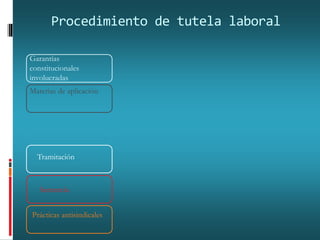 Procedimiento de tutela laboral
Garantías
constitucionales
involucradas
Materias de aplicación
Legitimación para actuar
Tramitación
Sentencia
Prácticas antisindicales
 