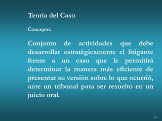 56
Teoría del Caso
Concepto:
Conjunto de actividades que debe
desarrollar estratégicamente el litigante
frente a un caso que le permitirá
determinar la manera más eficiente de
presentar su versión sobre lo que ocurrió,
ante un tribunal para ser resuelto en un
juicio oral.
 