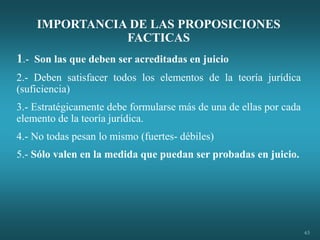 63
IMPORTANCIA DE LAS PROPOSICIONES
FACTICAS
1.- Son las que deben ser acreditadas en juicio
2.- Deben satisfacer todos los elementos de la teoría jurídica
(suficiencia)
3.- Estratégicamente debe formularse más de una de ellas por cada
elemento de la teoría jurídica.
4.- No todas pesan lo mismo (fuertes- débiles)
5.- Sólo valen en la medida que puedan ser probadas en juicio.
 