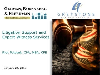 Litigation Support and
Expert Witness Services


Rick Potocek, CPA, MBA, CFE




 January 22, 2013
 