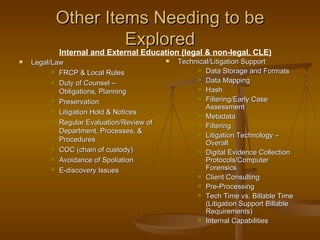 Other Items Needing to be Explored Legal/Law FRCP & Local Rules Duty of Counsel – Obligations, Planning Preservation Litigation Hold & Notices Regular Evaluation/Review of Department, Processes, & Procedures COC (chain of custody) Avoidance of Spoliation E-discovery Issues Technical/Litigation Support Data Storage and Formats Data Mapping Hash Filtering/Early Case Assessment Metadata Filtering Litigation Technology – Overall Digital Evidence Collection Protocols/Computer Forensics Client Consulting Pre-Processing  Tech Time vs. Billable Time (Litigation Support Billable Requirements) Internal Capabilities Internal and External Education (legal & non-legal, CLE) 