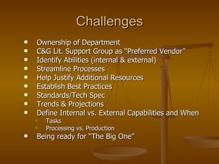 Challenges Ownership of Department C&G Lit. Support Group as “Preferred Vendor” Identify Abilities (internal & external) Streamline Processes Help Justify Additional Resources Establish Best Practices Standards/Tech Spec Trends & Projections Define Internal vs. External Capabilities and When Tasks Processing vs. Production Being ready for “The Big One” 