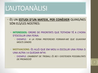 L’AUTOANÀLISI
• ÉS UN ESTUDI D’UN MATEIX, PER CONÈIXER QUINS/NES
SÓN ELS/LES NOSTRES:
• INTERESSOS: ORDRE DE PRIORITATS QUE TOTHOM TÉ A L’HORA
D’ESCOLLIR UNA FEINA:
• EXEMPLE: A LA FEINA PREFEREIXO FORMAR-ME QUE GUANYAR
MOLTS DINERS
• MOTIVACIONS: ÉS ALLÒ QUE EM MOU A ESCOLLIR UNA FEINA O
UNA ALTRA I A QUEDAR-M’HI:
• EXEMPLE: L’AMBIENT DE TREBALL ÉS BO I EXISTEIXEN POSSIBILITATS
DE PROMOCIÓ
7
 