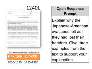 1240L            Open Response
                                     Prompt
                                Explain why the
                                Japanese-American
                                evacuees felt as if
                                they had lost their
                                freedom. Give three
                                examples from the
CCSS Recommended Lexile Bands
9th – 10th 11th-CCR
                                text to support your
                                explanation.
1050-1335 1185-1385
 