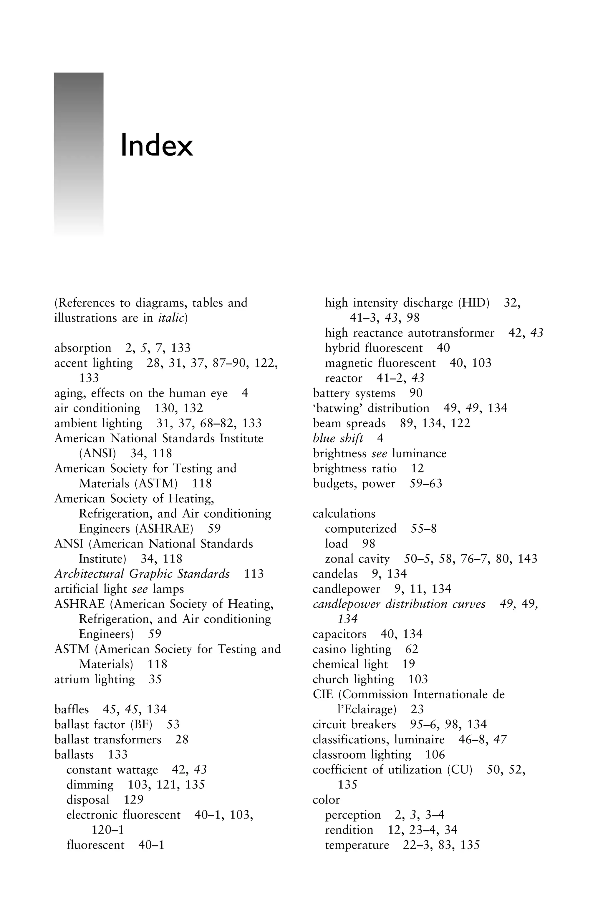 (References to diagrams, tables and
illustrations are in italic)
absorption 2, 5, 7, 133
accent lighting 28, 31, 37, 87–90, 122,
133
aging, effects on the human eye 4
air conditioning 130, 132
ambient lighting 31, 37, 68–82, 133
American National Standards Institute
(ANSI) 34, 118
American Society for Testing and
Materials (ASTM) 118
American Society of Heating,
Refrigeration, and Air conditioning
Engineers (ASHRAE) 59
ANSI (American National Standards
Institute) 34, 118
Architectural Graphic Standards 113
artificial light see lamps
ASHRAE (American Society of Heating,
Refrigeration, and Air conditioning
Engineers) 59
ASTM (American Society for Testing and
Materials) 118
atrium lighting 35
baffles 45, 45, 134
ballast factor (BF) 53
ballast transformers 28
ballasts 133
constant wattage 42, 43
dimming 103, 121, 135
disposal 129
electronic fluorescent 40–1, 103,
120–1
fluorescent 40–1
high intensity discharge (HID) 32,
41–3, 43, 98
high reactance autotransformer 42, 43
hybrid fluorescent 40
magnetic fluorescent 40, 103
reactor 41–2, 43
battery systems 90
‘batwing’ distribution 49, 49, 134
beam spreads 89, 134, 122
blue shift 4
brightness see luminance
brightness ratio 12
budgets, power 59–63
calculations
computerized 55–8
load 98
zonal cavity 50–5, 58, 76–7, 80, 143
candelas 9, 134
candlepower 9, 11, 134
candlepower distribution curves 49, 49,
134
capacitors 40, 134
casino lighting 62
chemical light 19
church lighting 103
CIE (Commission Internationale de
l’Eclairage) 23
circuit breakers 95–6, 98, 134
classifications, luminaire 46–8, 47
classroom lighting 106
coefficient of utilization (CU) 50, 52,
135
color
perception 2, 3, 3–4
rendition 12, 23–4, 34
temperature 22–3, 83, 135
Index
 