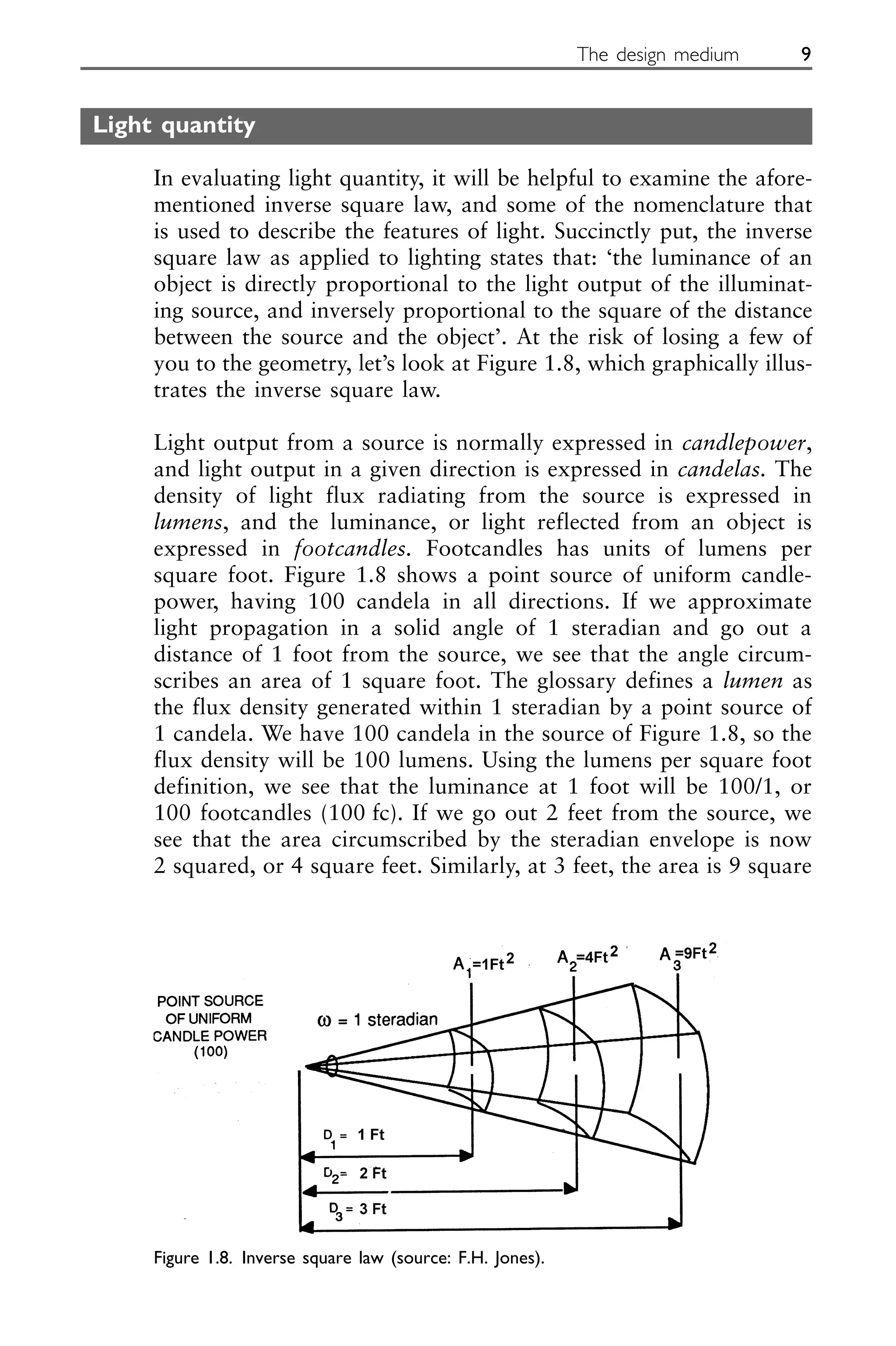 Light quantity
In evaluating light quantity, it will be helpful to examine the afore-
mentioned inverse square law, and some of the nomenclature that
is used to describe the features of light. Succinctly put, the inverse
square law as applied to lighting states that: ‘the luminance of an
object is directly proportional to the light output of the illuminat-
ing source, and inversely proportional to the square of the distance
between the source and the object’. At the risk of losing a few of
you to the geometry, let’s look at Figure 1.8, which graphically illus-
trates the inverse square law.
Light output from a source is normally expressed in candlepower,
and light output in a given direction is expressed in candelas. The
density of light flux radiating from the source is expressed in
lumens, and the luminance, or light reflected from an object is
expressed in footcandles. Footcandles has units of lumens per
square foot. Figure 1.8 shows a point source of uniform candle-
power, having 100 candela in all directions. If we approximate
light propagation in a solid angle of 1 steradian and go out a
distance of 1 foot from the source, we see that the angle circum-
scribes an area of 1 square foot. The glossary defines a lumen as
the flux density generated within 1 steradian by a point source of
1 candela. We have 100 candela in the source of Figure 1.8, so the
flux density will be 100 lumens. Using the lumens per square foot
definition, we see that the luminance at 1 foot will be 100/1, or
100 footcandles (100 fc). If we go out 2 feet from the source, we
see that the area circumscribed by the steradian envelope is now
2 squared, or 4 square feet. Similarly, at 3 feet, the area is 9 square
The design medium 9
Figure 1.8. Inverse square law (source: F.H. Jones).
 