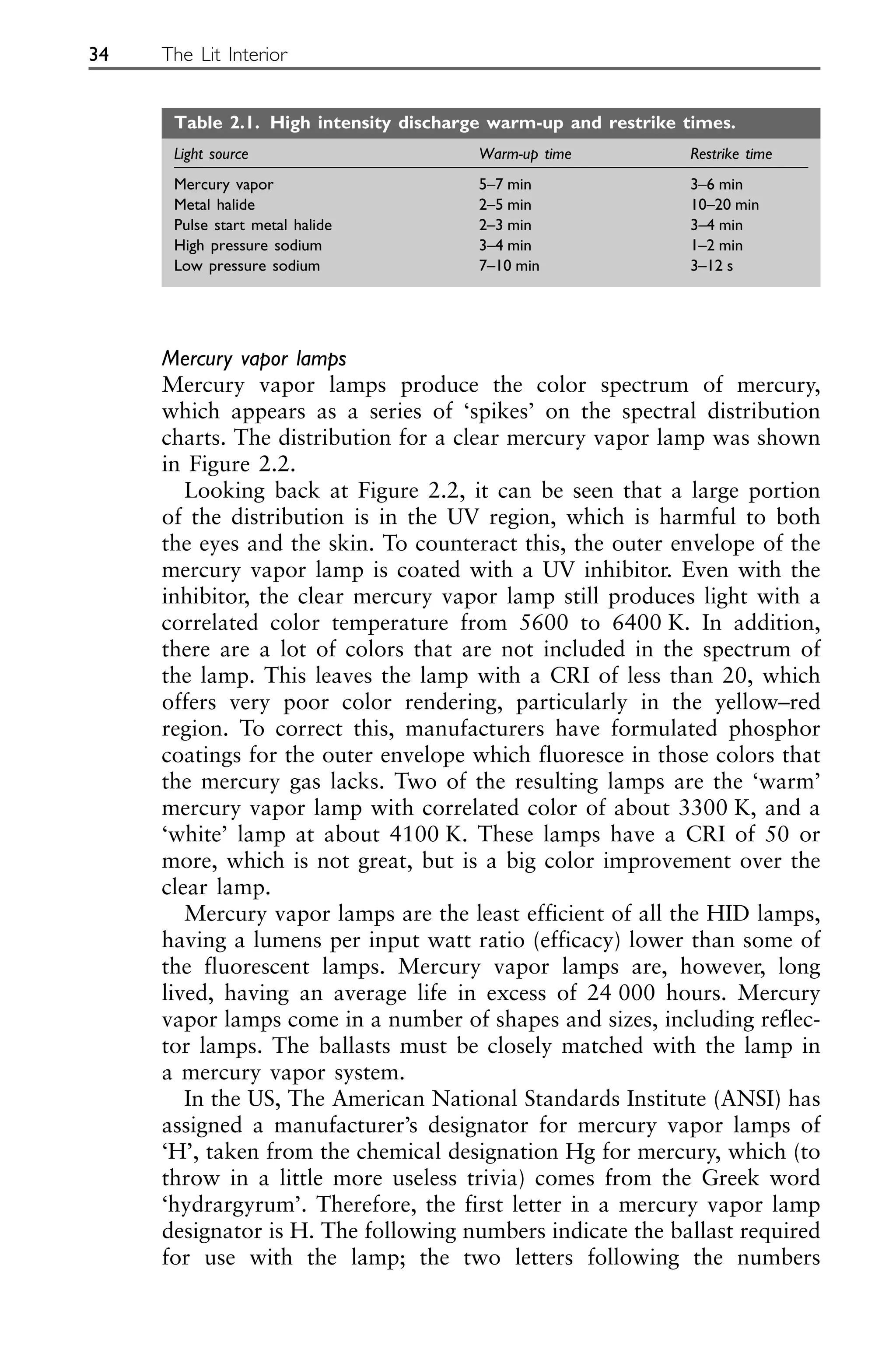 Mercury vapor lamps
Mercury vapor lamps produce the color spectrum of mercury,
which appears as a series of ‘spikes’ on the spectral distribution
charts. The distribution for a clear mercury vapor lamp was shown
in Figure 2.2.
Looking back at Figure 2.2, it can be seen that a large portion
of the distribution is in the UV region, which is harmful to both
the eyes and the skin. To counteract this, the outer envelope of the
mercury vapor lamp is coated with a UV inhibitor. Even with the
inhibitor, the clear mercury vapor lamp still produces light with a
correlated color temperature from 5600 to 6400 K. In addition,
there are a lot of colors that are not included in the spectrum of
the lamp. This leaves the lamp with a CRI of less than 20, which
offers very poor color rendering, particularly in the yellow–red
region. To correct this, manufacturers have formulated phosphor
coatings for the outer envelope which fluoresce in those colors that
the mercury gas lacks. Two of the resulting lamps are the ‘warm’
mercury vapor lamp with correlated color of about 3300 K, and a
‘white’ lamp at about 4100 K. These lamps have a CRI of 50 or
more, which is not great, but is a big color improvement over the
clear lamp.
Mercury vapor lamps are the least efficient of all the HID lamps,
having a lumens per input watt ratio (efficacy) lower than some of
the fluorescent lamps. Mercury vapor lamps are, however, long
lived, having an average life in excess of 24 000 hours. Mercury
vapor lamps come in a number of shapes and sizes, including reflec-
tor lamps. The ballasts must be closely matched with the lamp in
a mercury vapor system.
In the US, The American National Standards Institute (ANSI) has
assigned a manufacturer’s designator for mercury vapor lamps of
‘H’, taken from the chemical designation Hg for mercury, which (to
throw in a little more useless trivia) comes from the Greek word
‘hydrargyrum’. Therefore, the first letter in a mercury vapor lamp
designator is H. The following numbers indicate the ballast required
for use with the lamp; the two letters following the numbers
34 The Lit Interior
Table 2.1. High intensity discharge warm-up and restrike times.
Light source Warm-up time Restrike time
Mercury vapor 5–7 min 3–6 min
Metal halide 2–5 min 10–20 min
Pulse start metal halide 2–3 min 3–4 min
High pressure sodium 3–4 min 1–2 min
Low pressure sodium 7–10 min 3–12 s
 