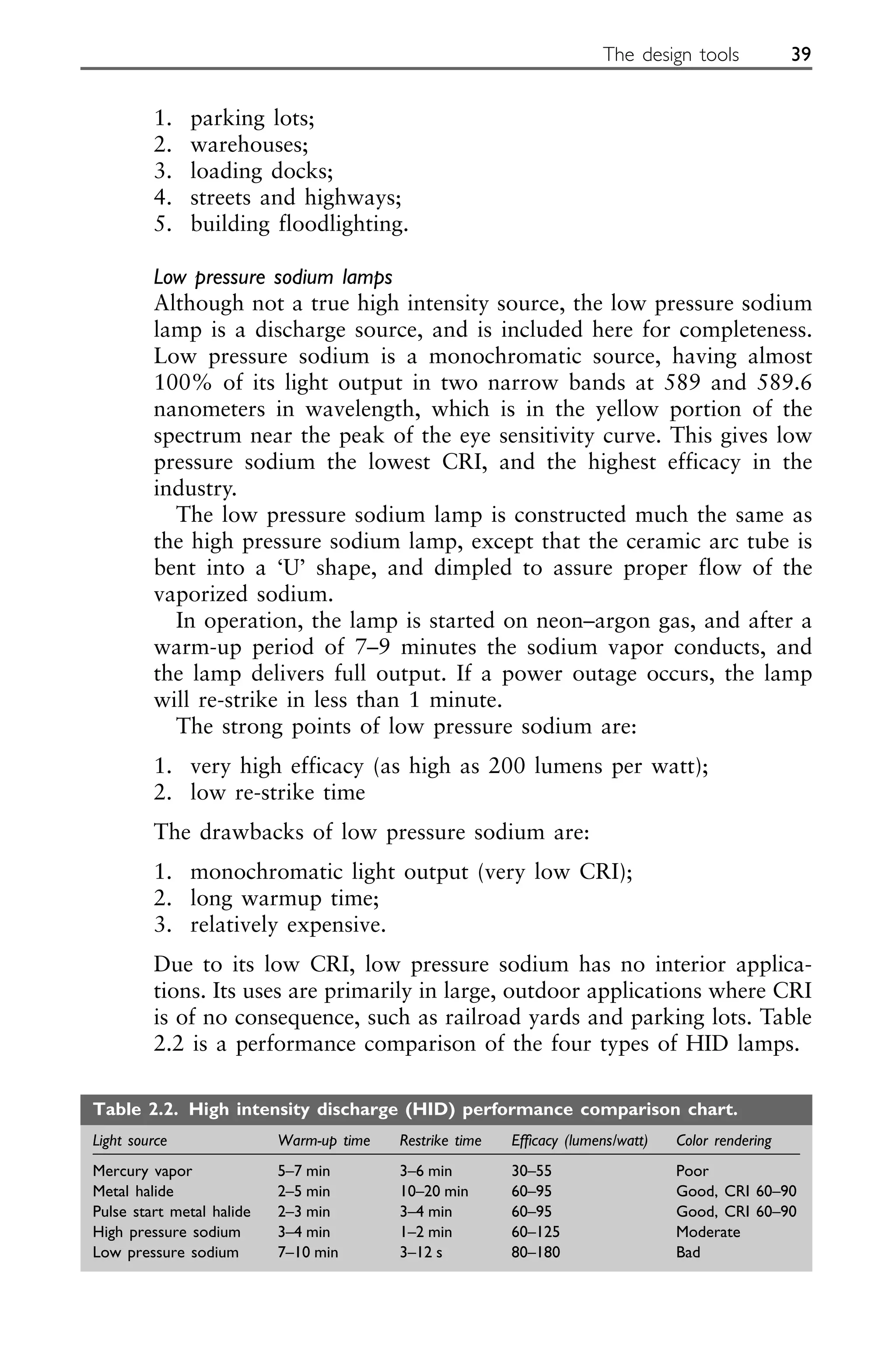 1. parking lots;
2. warehouses;
3. loading docks;
4. streets and highways;
5. building floodlighting.
Low pressure sodium lamps
Although not a true high intensity source, the low pressure sodium
lamp is a discharge source, and is included here for completeness.
Low pressure sodium is a monochromatic source, having almost
100% of its light output in two narrow bands at 589 and 589.6
nanometers in wavelength, which is in the yellow portion of the
spectrum near the peak of the eye sensitivity curve. This gives low
pressure sodium the lowest CRI, and the highest efficacy in the
industry.
The low pressure sodium lamp is constructed much the same as
the high pressure sodium lamp, except that the ceramic arc tube is
bent into a ‘U’ shape, and dimpled to assure proper flow of the
vaporized sodium.
In operation, the lamp is started on neon–argon gas, and after a
warm-up period of 7–9 minutes the sodium vapor conducts, and
the lamp delivers full output. If a power outage occurs, the lamp
will re-strike in less than 1 minute.
The strong points of low pressure sodium are:
1. very high efficacy (as high as 200 lumens per watt);
2. low re-strike time
The drawbacks of low pressure sodium are:
1. monochromatic light output (very low CRI);
2. long warmup time;
3. relatively expensive.
Due to its low CRI, low pressure sodium has no interior applica-
tions. Its uses are primarily in large, outdoor applications where CRI
is of no consequence, such as railroad yards and parking lots. Table
2.2 is a performance comparison of the four types of HID lamps.
The design tools 39
Table 2.2. High intensity discharge (HID) performance comparison chart.
Light source Warm-up time Restrike time Efficacy (lumens/watt) Color rendering
Mercury vapor 5–7 min 3–6 min 30–55 Poor
Metal halide 2–5 min 10–20 min 60–95 Good, CRI 60–90
Pulse start metal halide 2–3 min 3–4 min 60–95 Good, CRI 60–90
High pressure sodium 3–4 min 1–2 min 60–125 Moderate
Low pressure sodium 7–10 min 3–12 s 80–180 Bad
 