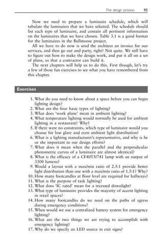 Now we need to prepare a luminaire schedule, which will
tabulate the luminaires that we have selected. The schedule should
list each type of luminaire, and contain all pertinent information
on the luminaires that we have chosen. Table 3.1 is a good format
for the luminaires in the Bullmoose project.
All we have to do now is send the architect an invoice for our
services, and then go out and party, right? Not quite. We still have
to figure out how to make the design work, and put it all on a set
of plans, so that a contractor can build it.
The next chapters will help us to do this. First though, let’s try
a few of those fun exercises to see what you have remembered from
this chapter.
Exercises
1. What do you need to know about a space before you can begin
lighting design?
2. What are the four basic types of lighting?
3. What does ‘work plane’ mean in ambient lighting?
4. What temperature lighting would normally be used for ambient
lighting in a restaurant? Why?
5. If there were no constraints, which type of luminaire would you
choose for low glare and even ambient light distribution?
6. What is a lighting manufacturer’s representative, and why is he
or she important to our design efforts?
7. What does it mean when the parallel and the perpendicular
photometric curves of a luminaire are almost identical?
8. What is the efficacy of a CF40T5/741 lamp with an output of
3300 lumens?
9. Would a layout with a max/min ratio of 2.5:1 provide better
light distribution than one with a max/min ratio of 1.5:1? Why?
10. How many footcandles at floor level are required for hallways?
11. What is the purpose of task lighting?
12. What does ‘IC rated’ mean for a recessed downlight?
13. What type of luminaire provides the majority of accent lighting
in retail spaces?
14. How many footcandles do we need on the paths of egress
during emergency conditions?
15. When would we use a centralized battery system for emergency
lighting?
16. What are the two things we are trying to accomplish with
emergency lighting?
17. Why do we specify an LED source in exit signs?
The design process 93
 