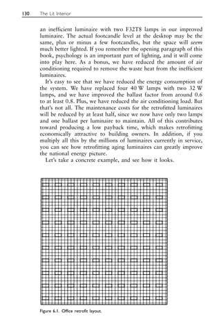 an inefficient luminaire with two F32T8 lamps in our improved
luminaire. The actual footcandle level at the desktop may be the
same, plus or minus a few footcandles, but the space will seem
much better lighted. If you remember the opening paragraph of this
book, psychology is an important part of lighting, and it will come
into play here. As a bonus, we have reduced the amount of air
conditioning required to remove the waste heat from the inefficient
luminaires.
It’s easy to see that we have reduced the energy consumption of
the system. We have replaced four 40 W lamps with two 32 W
lamps, and we have improved the ballast factor from around 0.6
to at least 0.8. Plus, we have reduced the air conditioning load. But
that’s not all. The maintenance costs for the retrofitted luminaires
will be reduced by at least half, since we now have only two lamps
and one ballast per luminaire to maintain. All of this contributes
toward producing a low payback time, which makes retrofitting
economically attractive to building owners. In addition, if you
multiply all this by the millions of luminaires currently in service,
you can see how retrofitting aging luminaires can greatly improve
the national energy picture.
Let’s take a concrete example, and see how it looks.
130 The Lit Interior
Figure 6.1. Office retrofit layout.
 