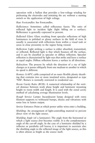 operation with a ballast that provides a low-voltage winding for
preheating the electrodes and initiating the arc without a starting
switch or the application of high voltage.
Raw Footcandles: See Footcandles.
Reflectance: Sometimes called reflectance factor. The ratio of
reflected light to incident light (light falling on a surface).
Reflectance is generally expressed in percent.
Reflected Glare: Glare resulting from specular reflections of high
luminances in polished or glossy surfaces in the field of view. It
usually is associated with reflections from within a visual task or
areas in close proximity to the region being viewed.
Reflection: Light striking a surface is either absorbed, transmitted,
or reflected. Reflected light is that which bounces off the surface,
and it can be classified as specular or diffuse reflection. Specular
reflection is characterized by light rays that strike and leave a surface
at equal angles. Diffuse reflection leaves a surface in all directions.
Refraction: The process by which the direction of a ray of light
changes as it passes obliquely from one medium to another in which
its speed is different.
Romex: A 60°C cable comprised of an outer flexible plastic sheath-
ing that contains two or more insulated wires, designated as type
‘NM’. Romex is normally restricted to residential use.
Room Cavity Ratio (RCR): A numerical relationship of the verti-
cal distance between work plane height and luminaire mounting
height to room width and length. It is used with the zonal cavity
method of calculating average illumination levels.
Rough Service Lamps: Incandescent lamps designed with extra
filament supports to withstand bumps, shocks and vibrations with
some loss in lumen output.
Service Entrance: Point at which power utility wires enter a building.
Shielding: An arrangement of light-controlling material to prevent
direct view of the light source.
Shielding Angle (of a luminaire): The angle from the horizontal at
which a light source first becomes visible. It is the complementary
angle of the cut-off angle. In the case of a luminaire shielded by a
reflector or parabolic cell louver, it is important to ascertain also
the shielding angle to the reflected image of the light source, as this
is often almost as bright as the source itself.
Glossary 141
 