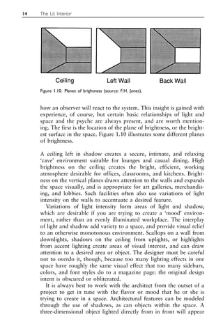 how an observer will react to the system. This insight is gained with
experience, of course, but certain basic relationships of light and
space and the psyche are always present, and are worth mention-
ing. The first is the location of the plane of brightness, or the bright-
est surface in the space. Figure 1.10 illustrates some different planes
of brightness.
A ceiling left in shadow creates a secure, intimate, and relaxing
‘cave’ environment suitable for lounges and casual dining. High
brightness on the ceiling creates the bright, efficient, working
atmosphere desirable for offices, classrooms, and kitchens. Bright-
ness on the vertical planes draws attention to the walls and expands
the space visually, and is appropriate for art galleries, merchandis-
ing, and lobbies. Such facilities often also use variations of light
intensity on the walls to accentuate a desired feature.
Variations of light intensity form areas of light and shadow,
which are desirable if you are trying to create a ‘mood’ environ-
ment, rather than an evenly illuminated workplace. The interplay
of light and shadow add variety to a space, and provide visual relief
to an otherwise monotonous environment. Scallops on a wall from
downlights, shadows on the ceiling from uplights, or highlights
from accent lighting create areas of visual interest, and can draw
attention to a desired area or object. The designer must be careful
not to overdo it, though, because too many lighting effects in one
space have roughly the same visual effect that too many sidebars,
colors, and font styles do to a magazine page: the original design
intent is obscured or obliterated.
It is always best to work with the architect from the outset of a
project to get in tune with the flavor or mood that he or she is
trying to create in a space. Architectural features can be modeled
through the use of shadows, as can objects within the space. A
three-dimensional object lighted directly from in front will appear
14 The Lit Interior
Figure 1.10. Planes of brightness (source: F.H. Jones).
 