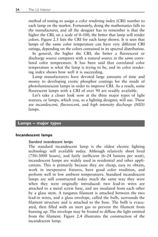 method of testing to assign a color rendering index (CRI) number to
each lamp on the market. Fortunately, doing the mathematics falls to
the manufacturer, and all the designer has to remember is that the
higher the CRI, on a scale of 0–100, the better that lamp will render
colors. Figure 2.3 lists the CRI for each lamp shown. It is seen that
lamps of the same color temperature can have very different CRI
ratings, depending on the colors contained in its spectral distribution.
In general, the higher the CRI, the better a fluorescent or
discharge source compares with a natural source at the same corre-
lated color temperature. It has been said that correlated color
temperature is what the lamp is trying to be, and its color render-
ing index shows how well it is succeeding.
Lamp manufacturers have devoted large amounts of time and
money to developing exotic phosphor coatings for the inside of
photoluminescent lamps in order to improve CRI. As a result, some
fluorescent lamps with a CRI of over 90 are readily available.
Let’s take a closer look now at the three major types of light
sources, or lamps, which you, as a lighting designer, will use. These
are incandescent, fluorescent, and high intensity discharge (HID)
lamps.
Lamps – major types
Incandescent lamps
Standard incandescent lamps
The standard incandescent lamp is the oldest electric lighting
technology still available today. Although relatively short lived
(750–3000 hours), and fairly inefficient (6–24 lumens per watt),
incandescent lamps are widely used in residential and other appli-
cations. This is primarily because they are cheap, easy to obtain,
work in inexpensive fixtures, have good color rendition, and
perform well in low ambient temperatures. Standard incandescent
lamps are still constructed today much the same way they were
when they were originally introduced: two lead-in wires are
attached to a metal screw base, and are insulated from each other
by a glass stem. A tungsten filament is attached between the two
lead-in wires, and a glass envelope, called the bulb, surrounds the
filament structure and is attached to the base. The bulb is evacu-
ated, then filled with an inert gas to prevent the filament from
burning up. The envelope may be frosted to diffuse the light emitted
from the filament. Figure 2.4 illustrates the construction of the
incandescent lamp.
24 The Lit Interior
 