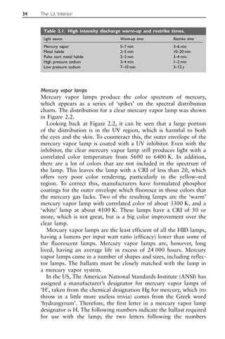 Mercury vapor lamps
Mercury vapor lamps produce the color spectrum of mercury,
which appears as a series of ‘spikes’ on the spectral distribution
charts. The distribution for a clear mercury vapor lamp was shown
in Figure 2.2.
Looking back at Figure 2.2, it can be seen that a large portion
of the distribution is in the UV region, which is harmful to both
the eyes and the skin. To counteract this, the outer envelope of the
mercury vapor lamp is coated with a UV inhibitor. Even with the
inhibitor, the clear mercury vapor lamp still produces light with a
correlated color temperature from 5600 to 6400 K. In addition,
there are a lot of colors that are not included in the spectrum of
the lamp. This leaves the lamp with a CRI of less than 20, which
offers very poor color rendering, particularly in the yellow–red
region. To correct this, manufacturers have formulated phosphor
coatings for the outer envelope which fluoresce in those colors that
the mercury gas lacks. Two of the resulting lamps are the ‘warm’
mercury vapor lamp with correlated color of about 3300 K, and a
‘white’ lamp at about 4100 K. These lamps have a CRI of 50 or
more, which is not great, but is a big color improvement over the
clear lamp.
Mercury vapor lamps are the least efficient of all the HID lamps,
having a lumens per input watt ratio (efficacy) lower than some of
the fluorescent lamps. Mercury vapor lamps are, however, long
lived, having an average life in excess of 24 000 hours. Mercury
vapor lamps come in a number of shapes and sizes, including reflec-
tor lamps. The ballasts must be closely matched with the lamp in
a mercury vapor system.
In the US, The American National Standards Institute (ANSI) has
assigned a manufacturer’s designator for mercury vapor lamps of
‘H’, taken from the chemical designation Hg for mercury, which (to
throw in a little more useless trivia) comes from the Greek word
‘hydrargyrum’. Therefore, the first letter in a mercury vapor lamp
designator is H. The following numbers indicate the ballast required
for use with the lamp; the two letters following the numbers
34 The Lit Interior
Table 2.1. High intensity discharge warm-up and restrike times.
Light source Warm-up time Restrike time
Mercury vapor 5–7 min 3–6 min
Metal halide 2–5 min 10–20 min
Pulse start metal halide 2–3 min 3–4 min
High pressure sodium 3–4 min 1–2 min
Low pressure sodium 7–10 min 3–12 s
 