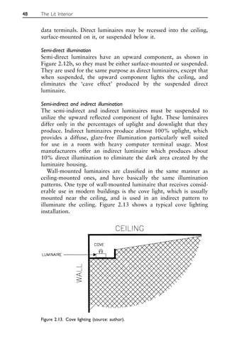 data terminals. Direct luminaires may be recessed into the ceiling,
surface-mounted on it, or suspended below it.
Semi-direct illumination
Semi-direct luminaires have an upward component, as shown in
Figure 2.12b, so they must be either surface-mounted or suspended.
They are used for the same purpose as direct luminaires, except that
when suspended, the upward component lights the ceiling, and
eliminates the ‘cave effect’ produced by the suspended direct
luminaire.
Semi-indirect and indirect illumination
The semi-indirect and indirect luminaires must be suspended to
utilize the upward reflected component of light. These luminaires
differ only in the percentages of uplight and downlight that they
produce. Indirect luminaires produce almost 100% uplight, which
provides a diffuse, glare-free illumination particularly well suited
for use in a room with heavy computer terminal usage. Most
manufacturers offer an indirect luminaire which produces about
10% direct illumination to eliminate the dark area created by the
luminaire housing.
Wall-mounted luminaires are classified in the same manner as
ceiling-mounted ones, and have basically the same illumination
patterns. One type of wall-mounted luminaire that receives consid-
erable use in modern buildings is the cove light, which is usually
mounted near the ceiling, and is used in an indirect pattern to
illuminate the ceiling. Figure 2.13 shows a typical cove lighting
installation.
48 The Lit Interior
Figure 2.13. Cove lighting (source: author).
 