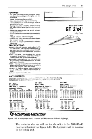 The luminaire that we will use for the office is the 2GT432A12
fluorescent luminaire of Figure 2.15. The luminaire will be mounted
in the ceiling grid.
The design tools 51
Figure 2.15. Candlepower data, Lithonia 2GT432 (source: Lithonia Lighting).
 