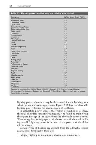 lighting power allowance may be determined for the building as a
whole, or on a space-to-space basis. Figure 2.17 lists the allowable
lighting power density for various types of buildings.
In calculating power usage either within a building or a space,
the total allowable luminaire wattage may be found by multiplying
the square footage of the space times the allowable power density.
When using the space-by-space calculation method, the total build-
ing installed lighting power is the sum of the power calculated for
all the spaces.
Certain types of lighting are exempt from the allowable power
calculations. Specifically, these are:
1. display lighting in museums, galleries, and monuments.
60 The Lit Interior
Table 2.3. Lighting power densities using the building area method
Building type Lighting power density (W/ft2
)
Automotive facility 1.5
Convention center 1.4
Court house 1.4
Dining: bar lounge/leisure 1.5
Dining: cafeteria/fast food 1.8
Dining: family 1.9
Dormitory 1.5
Exercise center 1.4
Gymnasium 1.7
Hospital/health care 1.6
Hotel 1.7
Library 1.5
Manufacturing facility 2.2
Motel 2.0
Motion picture theater 1.6
Multi-family 1.0
Museum 1.6
Office 1.3
Parking garage 0.3
Penitentiary 1.2
Performing arts theater 1.5
Police/fire station 1.3
Post office 1.6
Religious building 2.2
Retail 1.9
School/university 1.5
Sports arena 1.5
Town hall 1.4
Transportation 1.2
Warehouse 1.2
Workshop 1.7
(Reprinted by permission from ASHRAE Standard 90.1-1999. Copyright 1999, American Society of Heating,
Refrigerating and Air-Conditioning Engineers, Inc. Contact ASHRAE at 404-636-8400 or www.ashrae.org to purchase
the standard in its entirety)
 