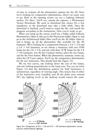 of time to evaluate all the photometric options for the AV. Since
we’re looking for comparative photometrics, there’s an easier way
to go. Back at the opening screen, we see a Lighting Software
section. Go there. You’ll see, among the options, a Photometric
Viewer Download. We want to download this viewer. It’s a few
megabytes, so the download may take a little while. Once the
download is finished, you’ll need to unzip the file, and install the
program according to the instructions. Now you’re ready to go.
When you bring up the viewer, you’ll see a folder called Lithonia
Photometrics, Open it, then go to the Fluorescent folder. Open it, and
go to the Architectural folder. Here you’ll see the AV folder. Open it,
and it brings up all the photometric files available for the AV
luminaire. We’re looking for a comparison between a 2 ft ⫻ 2 ft and
a 2 ft ⫻ 4 ft luminaire, so we choose a luminaire with two CF40
lamps for the 2 ft ⫻ 2 ft, and one with three 32 W lamps for the 2 ft
⫻ 4 ft luminaire. Use the Set Compare button, select the two lamps,
and hit the View button. When the photometric summary comes up,
select the CP Curve option. You’ll see the comparative photometrics
for the two luminaires. This should look like Figure 3.4.
We see two curves, one looking down the axis of the lamps,
and one looking perpendicular to the lamp axis. You can see from
Figure 3.4 that the distribution pattern for both luminaires is
symmetrical, regardless of viewing angle. This means that if either
of the luminaires were installed, and all the desks were rotated
90°, the lighting levels at the desktop would remain the same.
74 The Lit Interior
Figure 3.4. Comparison of 2 ft ⫻ 2 ft and 2 ft ⫻ 4 ft luminaire photometric curves
(source: author/Lithonia Lighting).
 