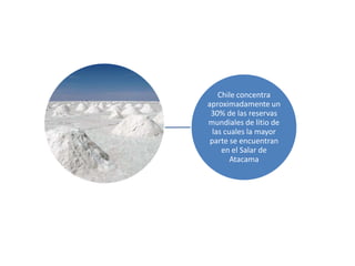 Chile concentra
aproximadamente un
30% de las reservas
mundiales de litio de
las cuales la mayor
parte se encuentran
en el Salar de
Atacama
 