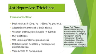 Antidepresivos Tricíclicos
Farmacocinética:
• Dosis tóxica: 5-10mg/Kg (>25mg/Kg pot.letal)
• Absorción enlentecida si dosis tóxica
• Volumen distribución elevado (9-20l/Kg)
• Muy lipofílicos
• 90% unión a proteínas plasmáticas
• Metabolización hepática y recirculación
enterohepática
• Vida media: 24 horas o más
 