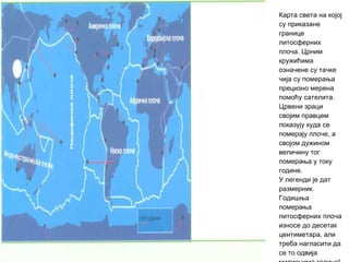 Карта света на којој
су приказане
границе
литосферних
плоча. Црним
кружићима
означене су тачке
чија су померања
прецизно мерена
помоћу сателита.
Црвени зраци
својим правцем
показују куда се
померају плоче, а
својом дужином
величину тог
померања у току
године.
У легенди је дат
размерник.
Годишња
померања
литосферних плоча
износе до десетак
центиметара, али
треба нагласити да
се то одвија

 