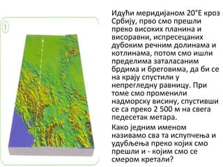 Идући меридијаном 20°Е кроз
Србију, прво смо прешли
преко високих планина и
висоравни, испресецаних
дубоким речним долинама и
котлинама, потом смо ишли
пределима заталасаним
брдима и бреговима, да би се
на крају спустили у
непрегледну равницу. При
томе смо променили
надморску висину, спустивши
се са преко 2 500 м на свега
педесетак метара.
Како једним именом
називамо сва та испупчења и
удубљења преко којих смо
прешли и - којим смо се
смером кретали?

 