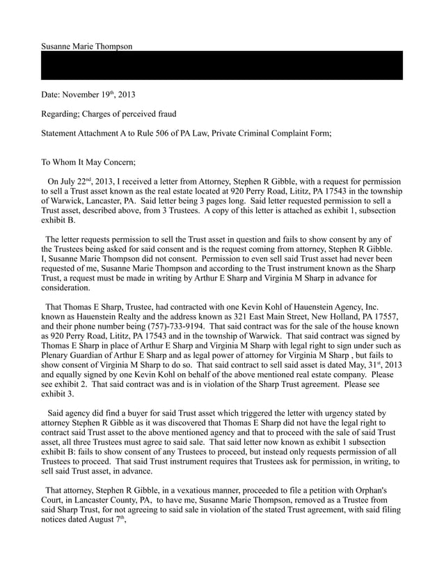 Lititz, PA Attorney Stephen R Gibble Fraud and Real Estate Theft? doc PDF