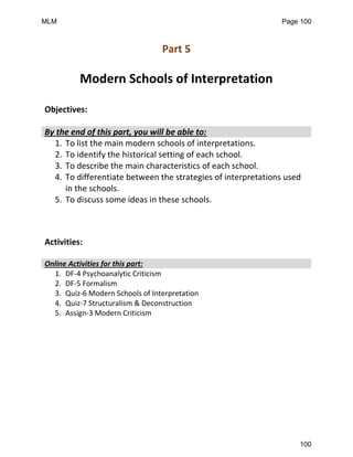Part 5
Modern Schools of Interpretation
Objectives:
By the end of this part, you will be able to:
1. To list the main modern schools of interpretations.
2. To identify the historical setting of each school.
3. To describe the main characteristics of each school.
4. To differentiate between the strategies of interpretations used
in the schools.
5. To discuss some ideas in these schools.
Activities:
Online Activities for this part:
1. DF-4 Psychoanalytic Criticism
2. DF-5 Formalism
3. Quiz-6 Modern Schools of Interpretation
4. Quiz-7 Structuralism & Deconstruction
5. Assign-3 Modern Criticism
MLM Page 100
100
 