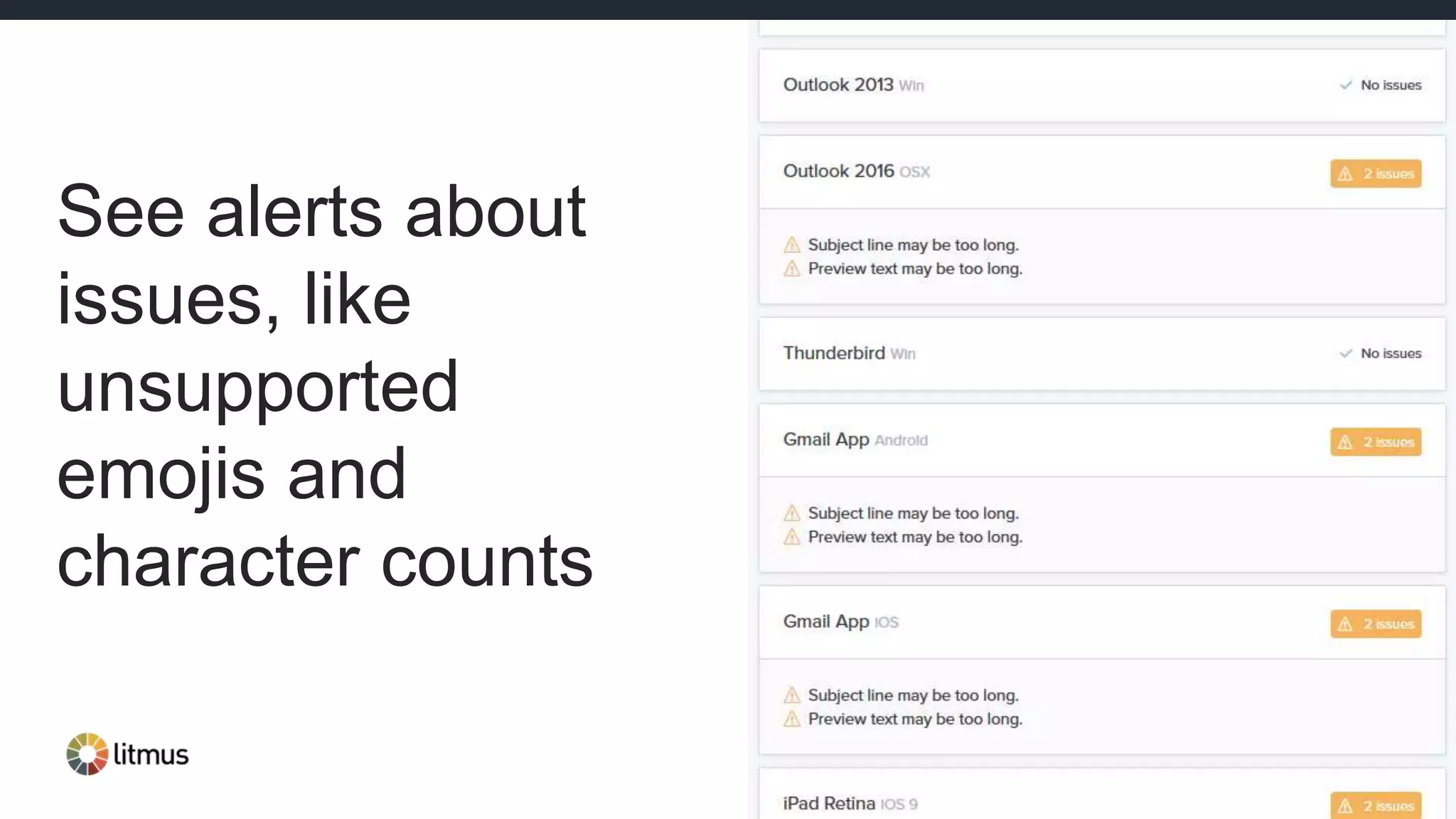 See alerts about
issues, like
unsupported
emojis and
character counts
 