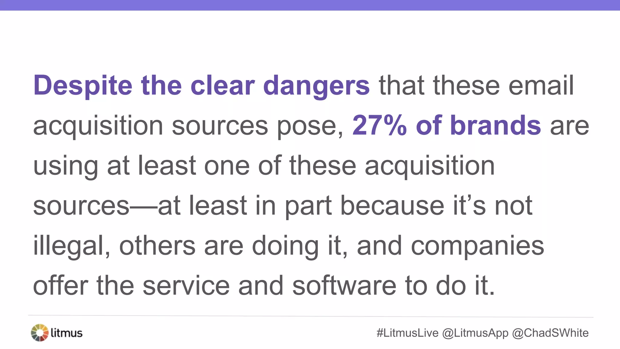 #LitmusLive @LitmusApp @ChadSWhite
Despite the clear dangers that these email
acquisition sources pose, 27% of brands are
using at least one of these acquisition
sources—at least in part because it’s not
illegal, others are doing it, and companies
offer the service and software to do it.
 