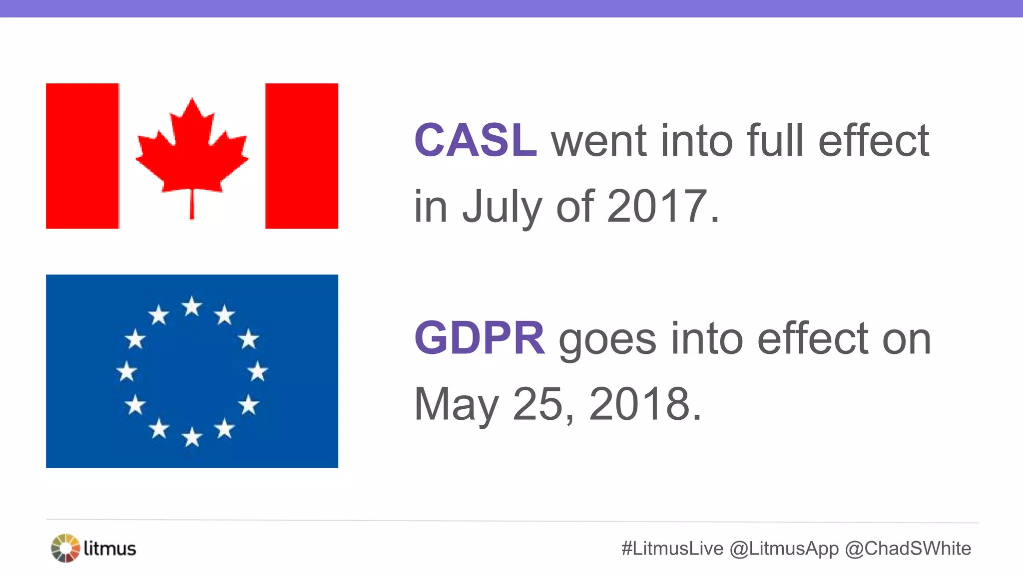 #LitmusLive @LitmusApp @ChadSWhite
CASL went into full effect
in July of 2017.
GDPR goes into effect on
May 25, 2018.
 