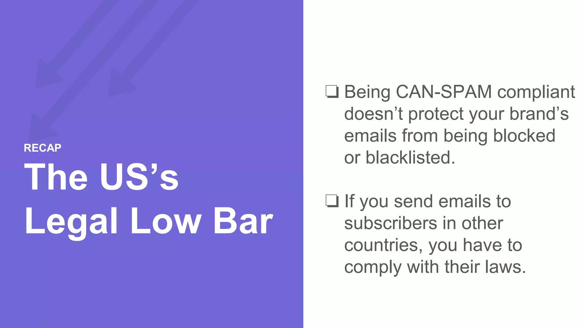 ❏ Being CAN-SPAM compliant
doesn’t protect your brand’s
emails from being blocked
or blacklisted.
❏ If you send emails to
subscribers in other
countries, you have to
comply with their laws.
RECAP
The US’s
Legal Low Bar
 